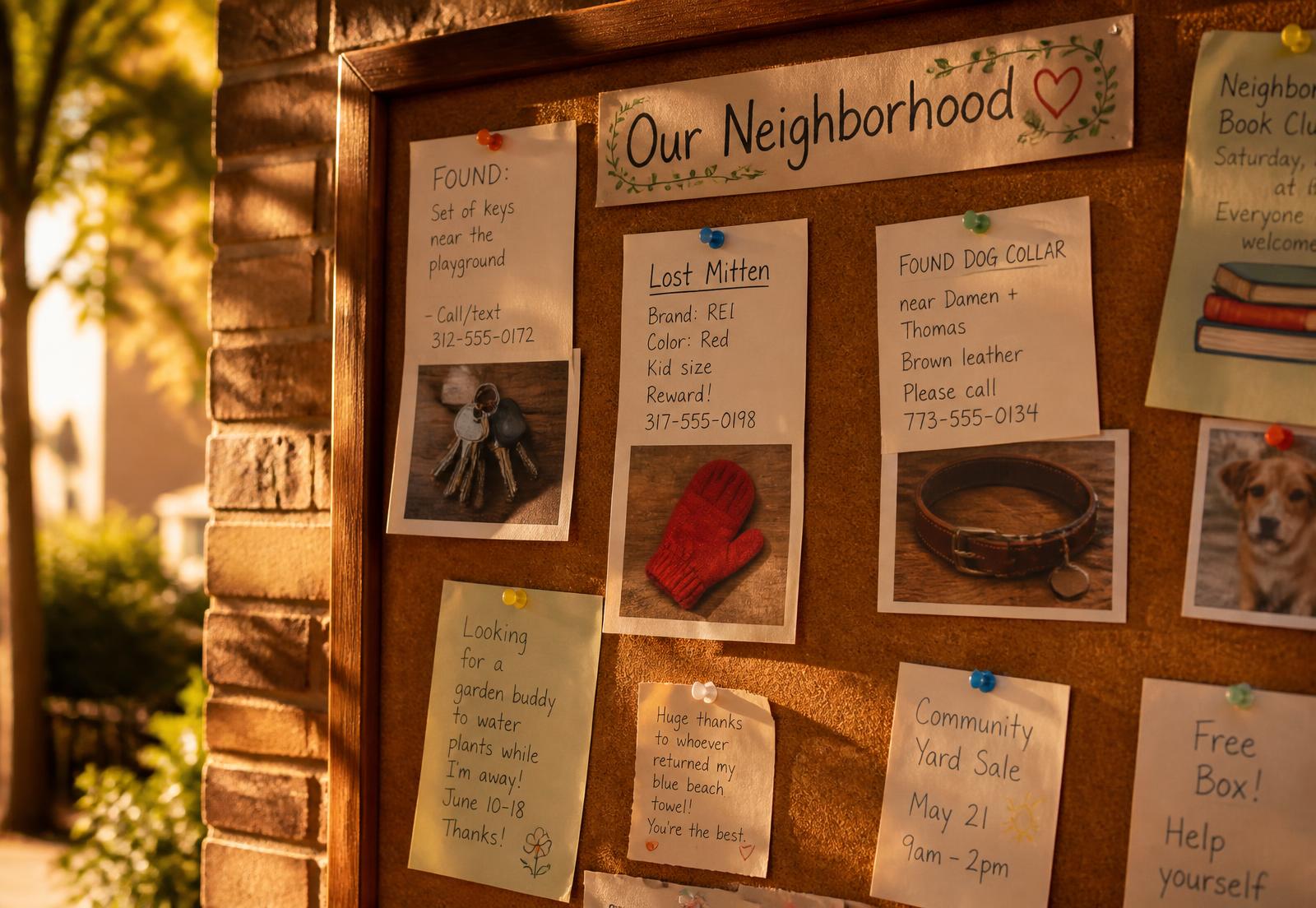 Neighborhood cork bulletin board with handwritten lost and found notes